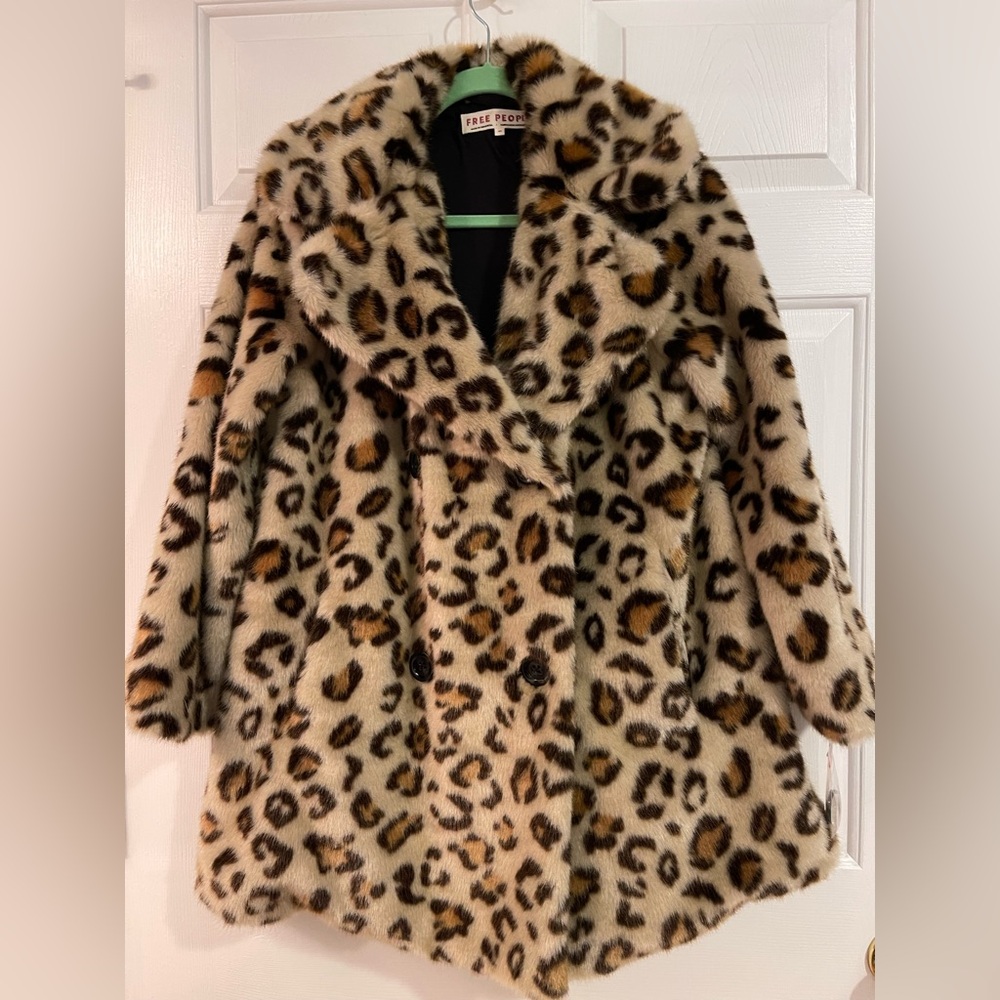 Free People- Oversized Faux Fur Leopard Print Swing Coat